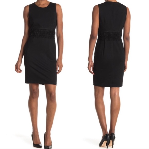 Carmen Marc Valvo NWT Fringe Black Sheath Dress 8 Rayon Nylon Spandex Lined - Picture 2 of 5